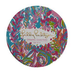 New Lilly Pulitzer Ceramic Coaster Set of 3 Girlfriends Gossip Beach Gold Trim